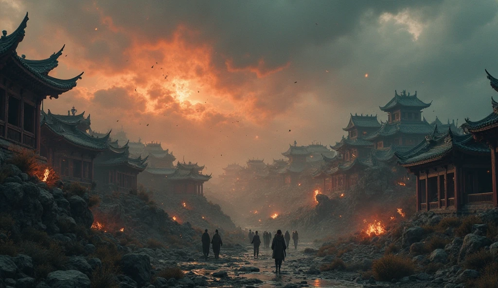An ancient Chinese landscape in turmoil, burning villages, people in fear, dark clouds over the land, a sense of chaos and collapse, traditional Chinese architecture in ruins, moody cinematic lighting, epic historical atmosphere