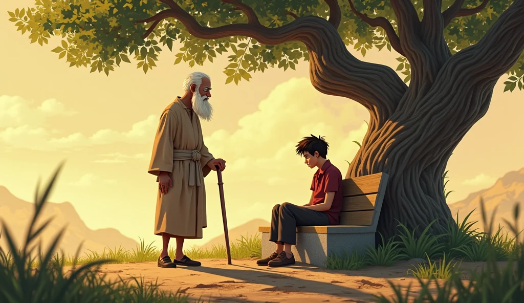 Elias, a wise man of 70 years, skinny, with a white beard and cane, stands up for the first time from its wooden bench under the twisted tree.  with a firm step , crosses the dirt path and approaches the cement bench gray, where the 20-year-old, with his defeated posture and face marked by sadness, keep crying. Elias no dice nada, Don't touch him , simply sits next to him,  In silence . Both occupy the bench, Elias con una calma serena y el joven inmerso en su dolor. The afternoon sun softly illuminates the scene, projecting warm and calm tones on them, as the wind slowly moves the branches of the tree. The atmosphere is quiet, but charged with a deep silent connection. The scene must capture the Disney-Pixar style, con colores suaves que reflejan la serenidad de Elias y el dolor del joven, while both remain together on the same bench.
