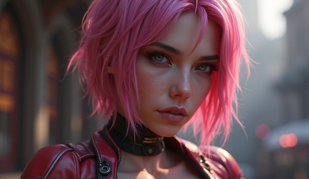 a woman pink hair red eyes a scar on her face her face is perfect beautiful dethales perfect 8k ultra realistic sexy body a short outfit