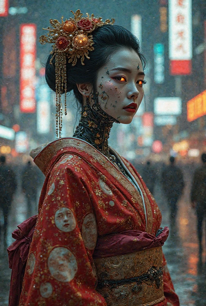 baroque painting of a half-cyborg geisha, dressed in skirts decorated with moons and stars, In a cyberpunk era