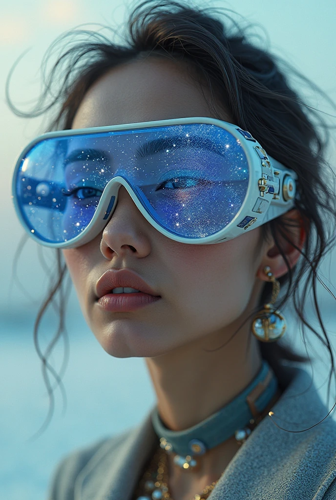 The model is wearing glass sunglasses with stars and the moon on the glass