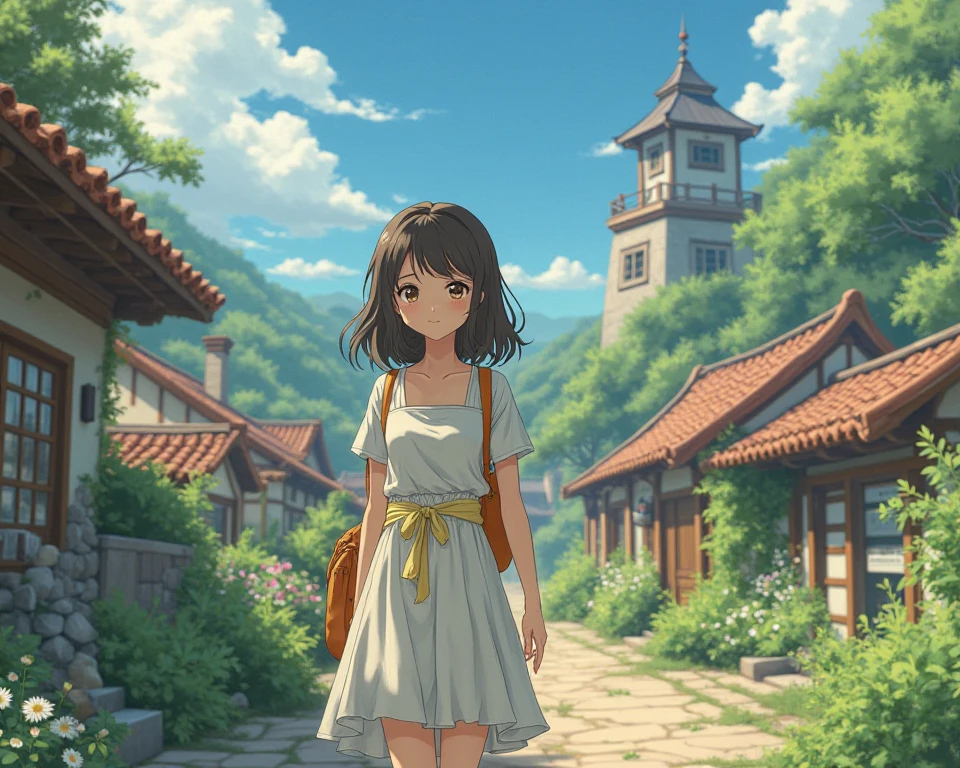 Create a Ghibli image with a girlfriend next door looking like real life