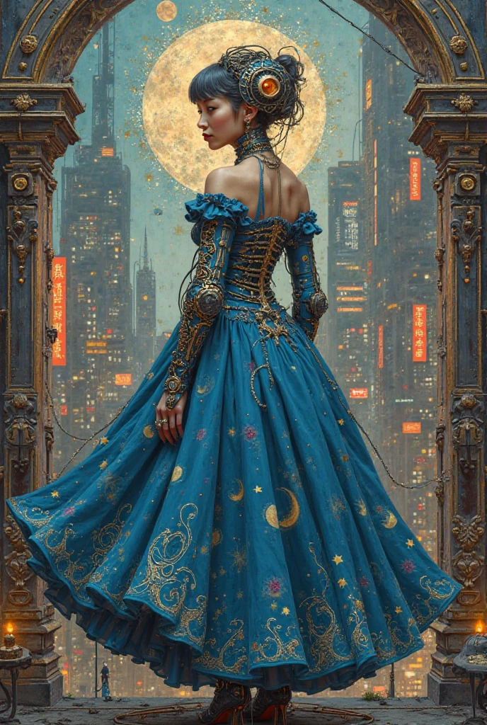 Baroque painting by a half-cyborg Japanese painter, dressed in blue skirts decorated with moons and stars, In a cyberpunk era