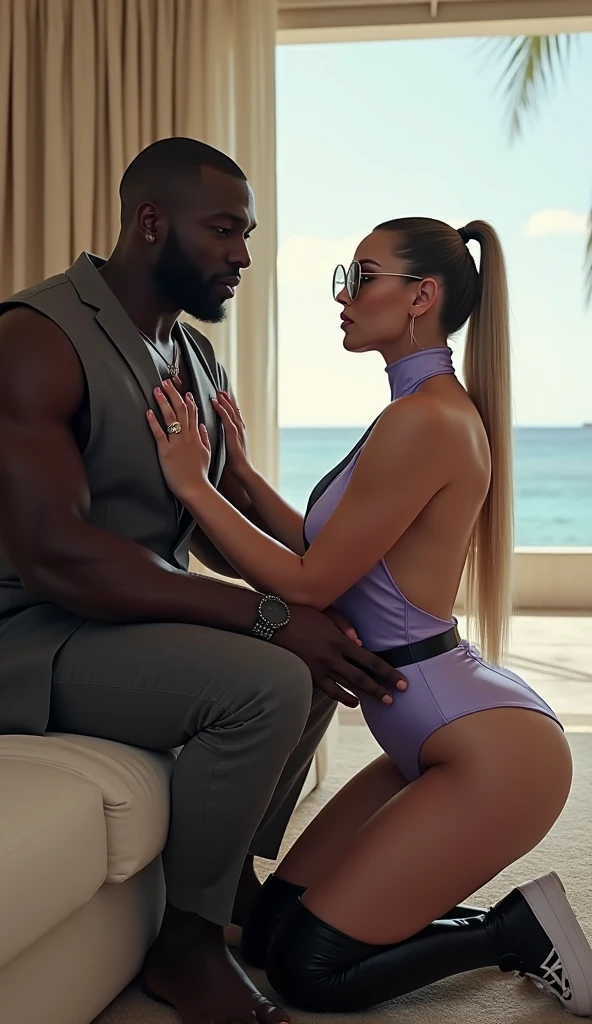 Une belle femme séduisante, attirante, excitée et excitée, a les cheveux blonds, S'offre à quatre grands hommes noirs poilus, en sueur, en colère, intimidants, sexuellement agressifs, qui l'entouraient tout autour, robe de mariée courte de luxe blanche avec voile, club de servitude, les mains sur sa peau, sa principale touchant ses jambes, la locataire par derrière, broyant sur elle,