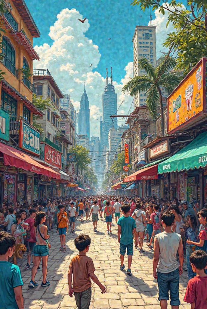 Quadro 1: A panoramic view of a city with varied architectural elements, colorful graffiti and public spaces filled with life. Illustrate this painting from a comic book