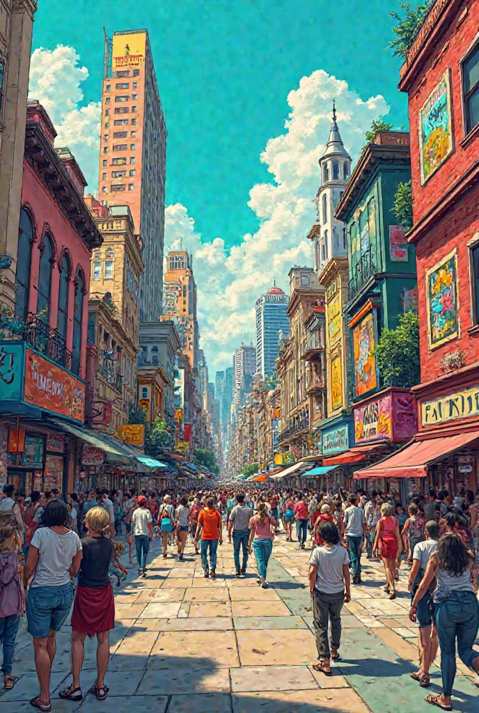 Quadro 1: A panoramic view of a city with varied architectural elements, colorful graffiti and public spaces filled with life. Illustrate this painting from a comic book