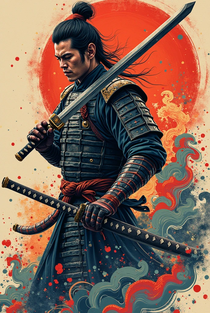 Create a sketch for a Japanese samurai tattoo with a katana, with very bright colors 