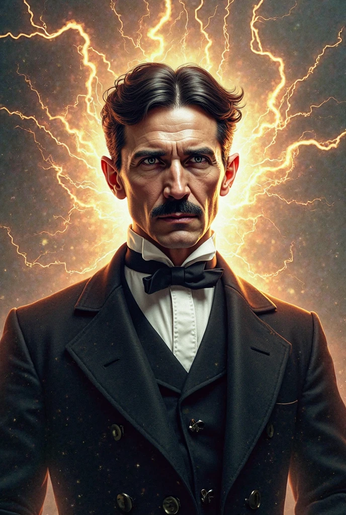 Nicolas Tesla with rays in the background