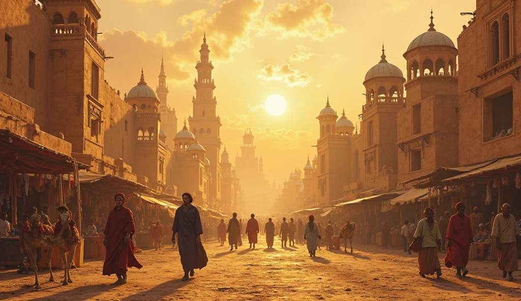 A golden cityscape of Timbuktu, with scholars and traders walking through vibrant streets, symbolizing the cultural and intellectual hub of Mali
