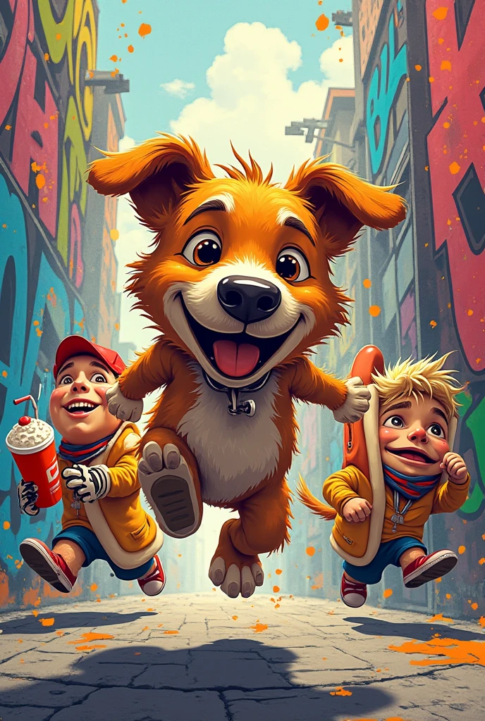 style create a colorful illustration image with a dog, chopp, hotdog, chopp e refigerante, The art should be fun, in 16x9 format in graffiti