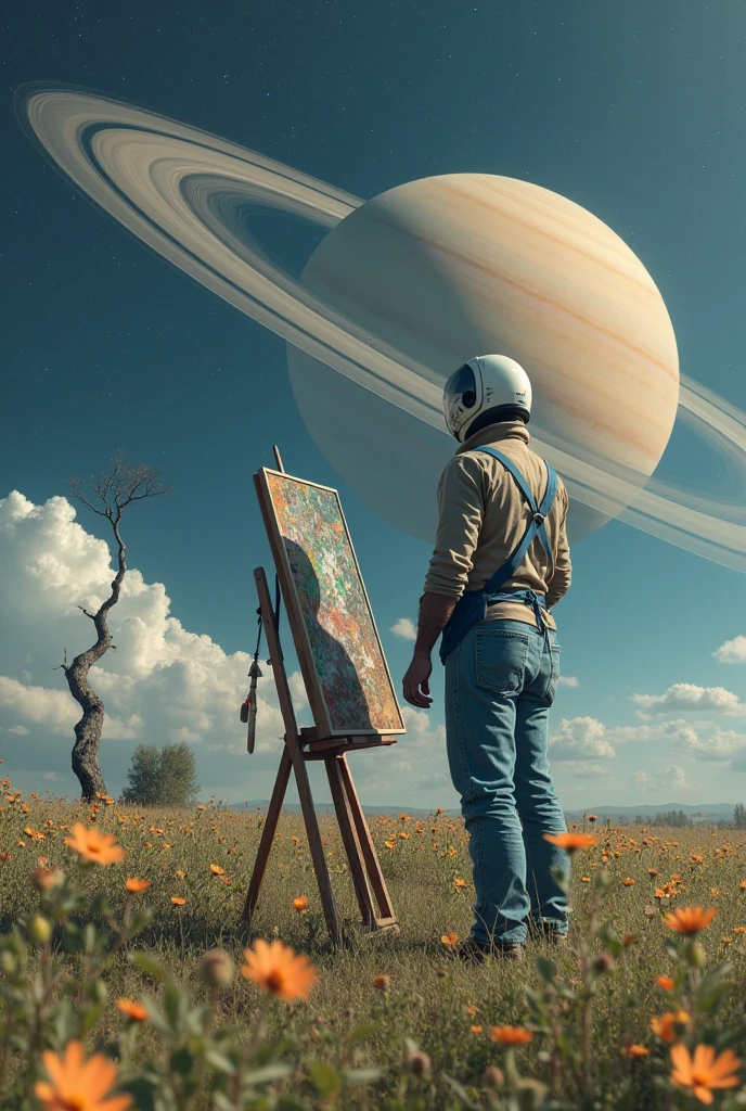 A man wearing a blue apron, jeans and an astronaut helmet. He stands in the middle of the picture, facing the viewer away. He holds a paintbrush in his right hand and appears to be painting on a stand in front of him.. The easel was placed in a grass field full of flowers in a very beautiful place, with Saturn in the background and a crooked tree alone in the distance. The man's expression is an expression of meditation, as if he was lost in thought, and his body language conveys a sense of reflection. The general mood is meditative, with a stark contrast between the degrees .and the light of Saturn, which creates an amazing visual effect.