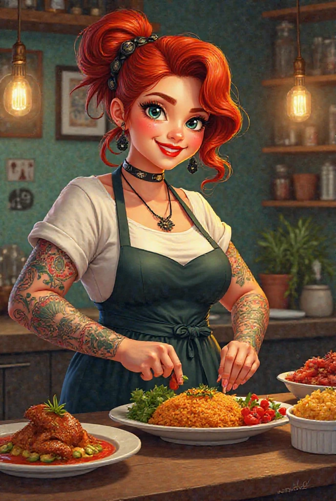  Redheaded girl, jovem, Chanel hair,  is a bit chubby,  with tattooed arms , making food, a typical Brazilian cuisine, the image does not have to be very colorful, image for restaurant logo ,All art in 2d, the art must be in the form of a drawing, exemplo carton network
