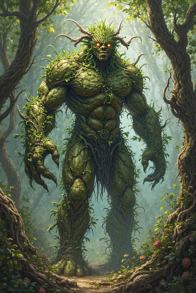 DC character Swamp Thing (vines, flowers, powerful human form) is in battle with a horde of Zombies. broken zombie parts flying. horror comic. night forest