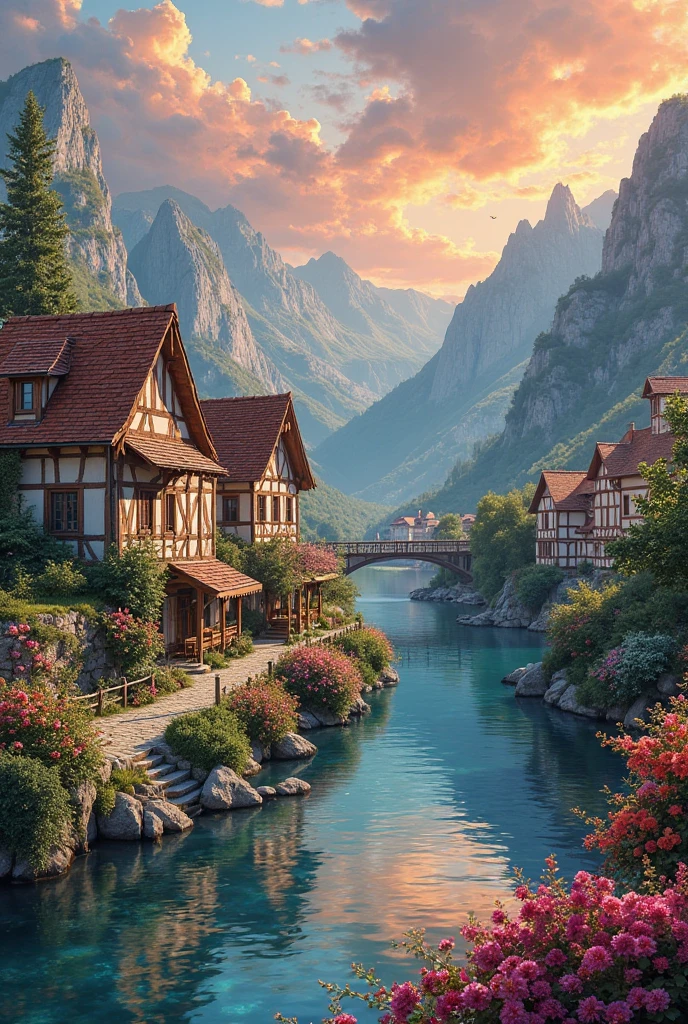 A small town by the river, mountains in the background, colorful floral flowers, detailed landscape, beautiful natural landscapes, atmospheric lighting, scorching sunset, warm colors, practical, photographic, detailed foliage, complex buildings, cobblestone street, charming country house, vibrant colors, lush vegetation, reflections in the water,  picturesque, idyllic, artwork, best quality, 8K, colors, anime style