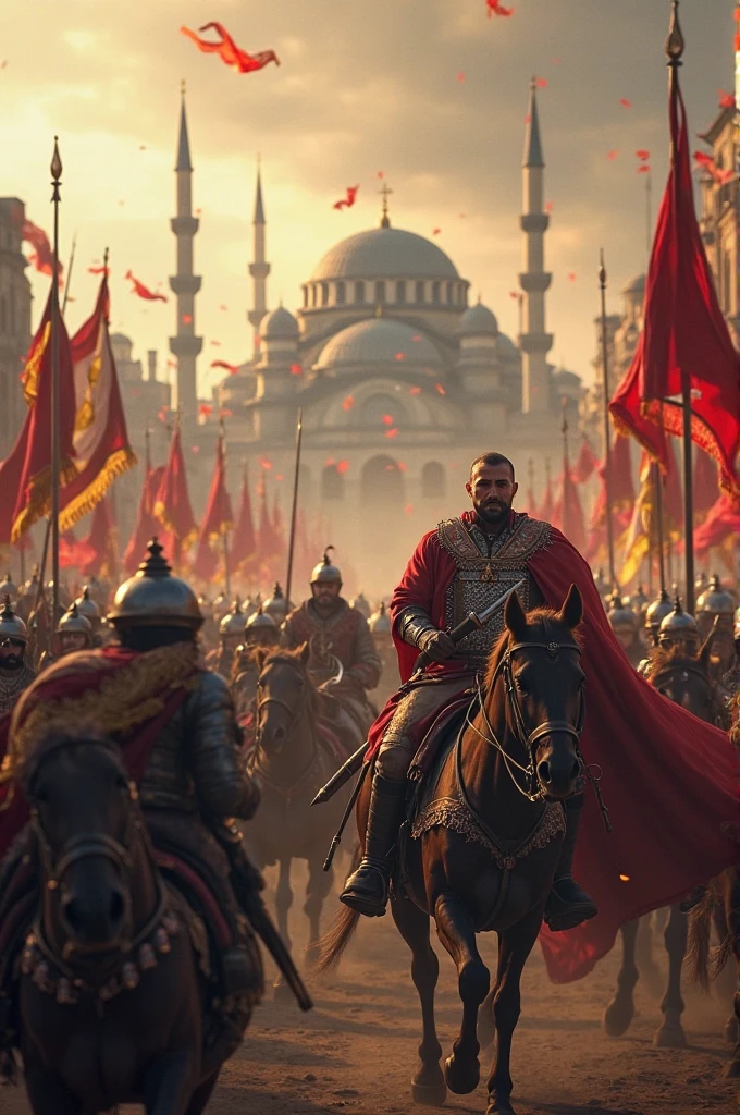 {
"prompt": "A detailed image of the aftermath of the fall of Constantinople, showing Ottoman soldiers establishing control over the city. Byzantine landmarks are damaged and engulfed in smoke. Byzantine civilians, in traditional clothing, appear grief-stricken and defeated. Sultan Mehmed II, in luxurious golden armor and a royal turban, stands victorious in the foreground. The Hagia Sophia is visible in the background, marking the end of the Byzantine Empire and the beginning of Ottoman rule.",
"size": "1024x1024"
}