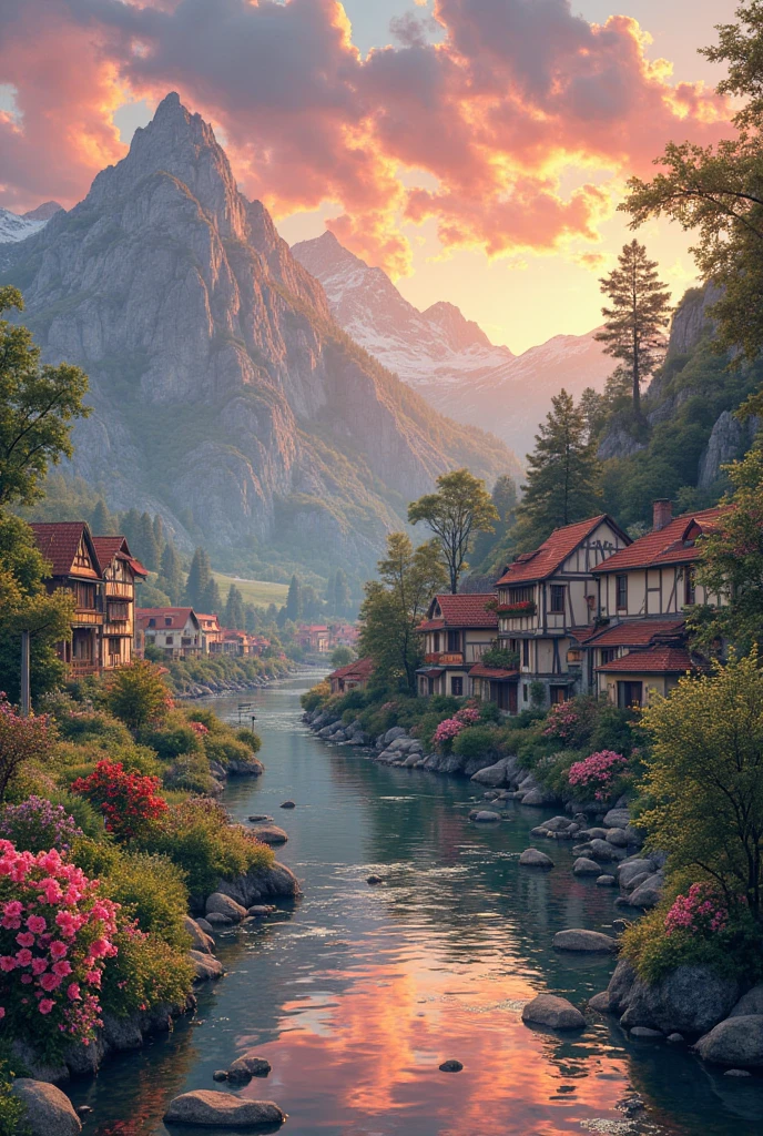 a small village by the river, mountains in the background, floral flowers colorful, detailed landscape, Beautiful natural landscapes, atmospheric lighting, scorching sunset, warm colours, practical, photopractical, Detailed Foliage, complex buildings, cobblestone street, Charming country house, swirly vibrant colors, lush vegetation, Still water reflections, Picturesque, idyllic, work of art, best qualityer, 8k, extremely detaild,anime styling