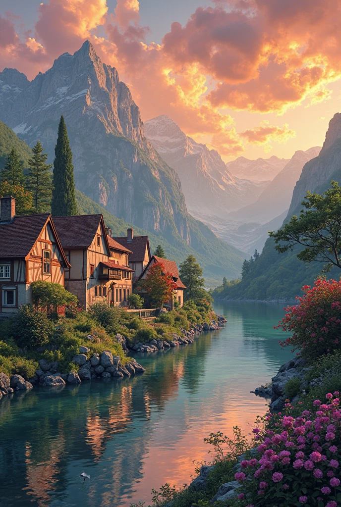 a small village by the river, mountains in the background, floral flowers colorful, detailed landscape, Beautiful natural landscapes, atmospheric lighting, scorching sunset, warm colours, practical, photopractical, Detailed Foliage, complex buildings, cobblestone street, Charming country house, swirly vibrant colors, lush vegetation, Still water reflections, Picturesque, idyllic, work of art, best qualityer, 8k, extremely detaild,anime styling