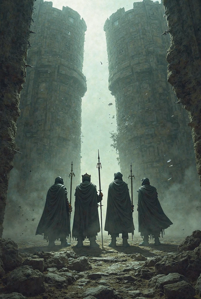 A dark fortress collapses under the light, broadcast by four guards — their weapons pierce the old walls, while shadowy figures are banished from the story.