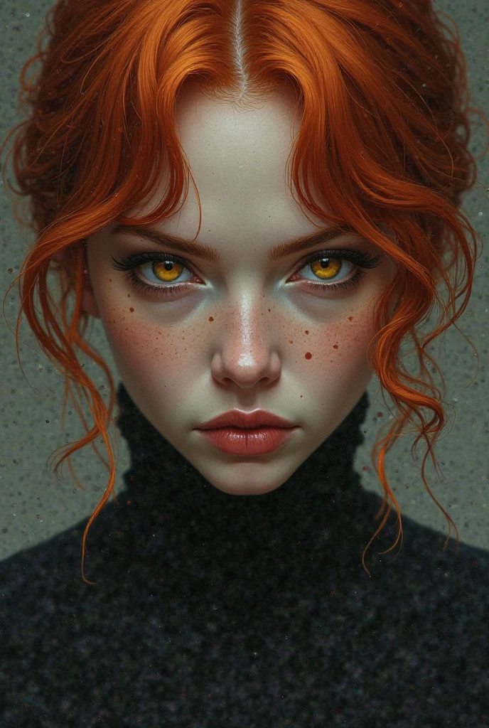 Short wavy redhead  looking forward serious amber eyes 