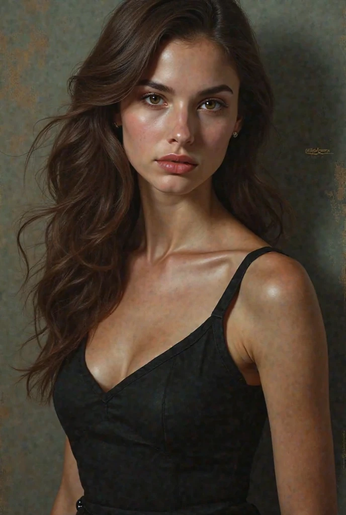  a brown-haired woman, dark eyes, wearing a black dress, photorealistic.