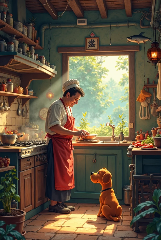 “Show a rustic, dimly lit, sleek and colorful kitchen, where the cook, dressed in traditional attire, is busy cooking. Beautiful fish are arranged on the kitchen counter. Outside, standing in the hustle and bustle of the field, is Tommy (the dog), an honest, strong and sweet cartoon style, who is attracted by the delicious smell of cooking.