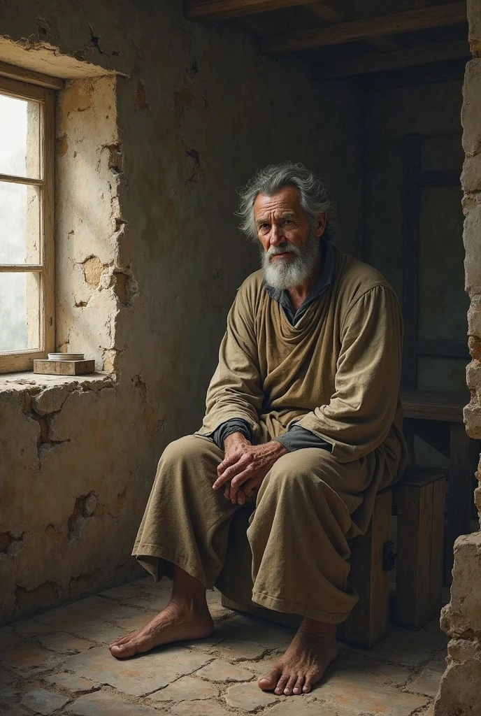 A 50-year-old man from the 12th century era in a room with poor clothes