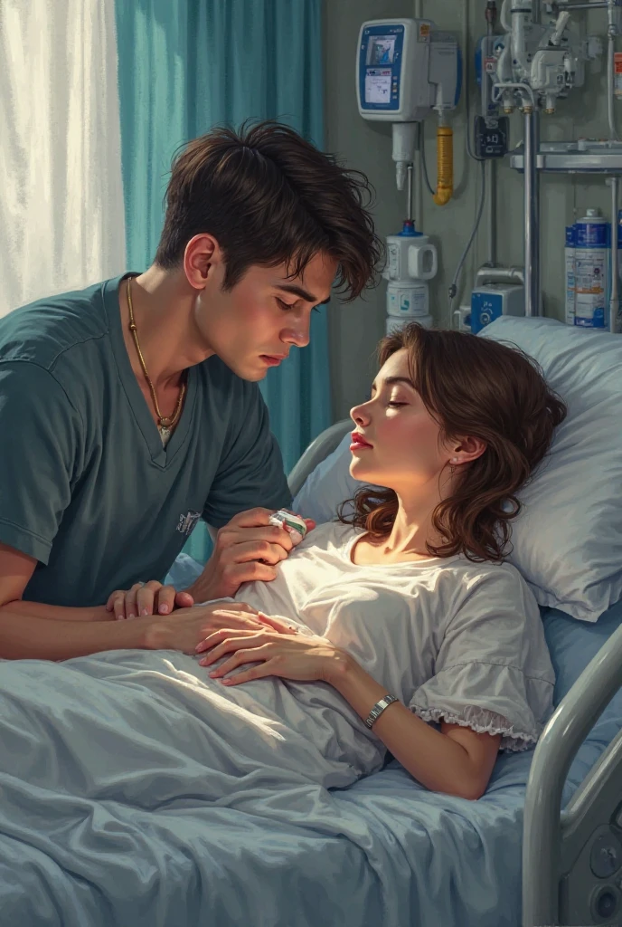The brother sitting on the edge of the hospital bed, holding his sister's hand. She is looking up at him with a weak but loving smile, and he is reassuring her with his words, his expression tender.