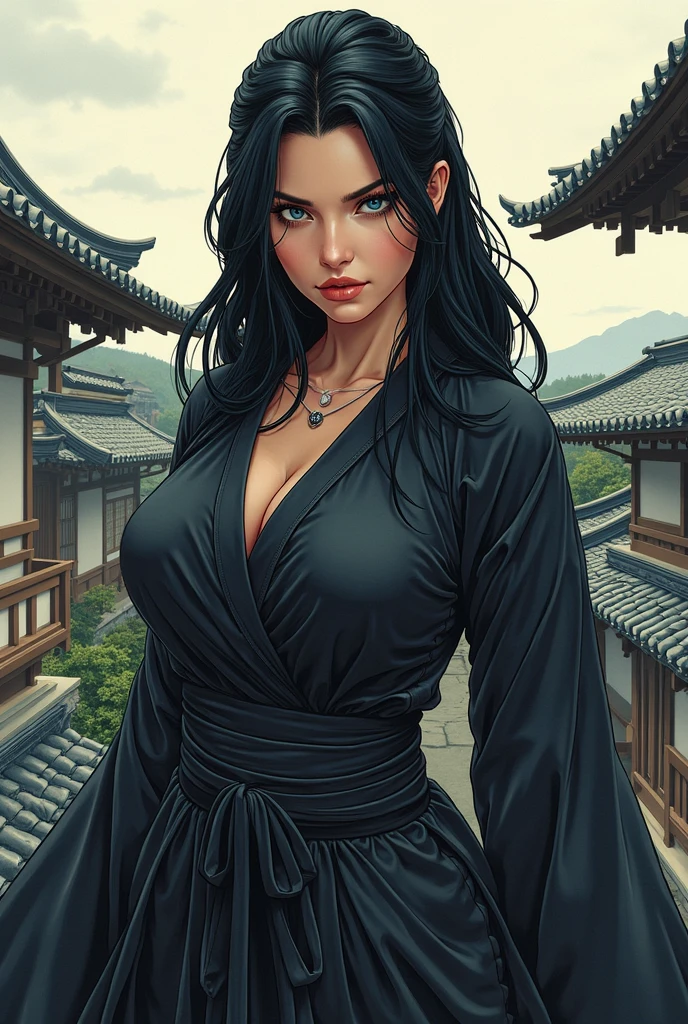 dans un style manga,femme ninja voluptueuse.juste ses yeux et ses seins sont apparents,la tenue traditionnelle du ninja est noire.elle est sur le toit d'une maison traditionnelle japonaise 