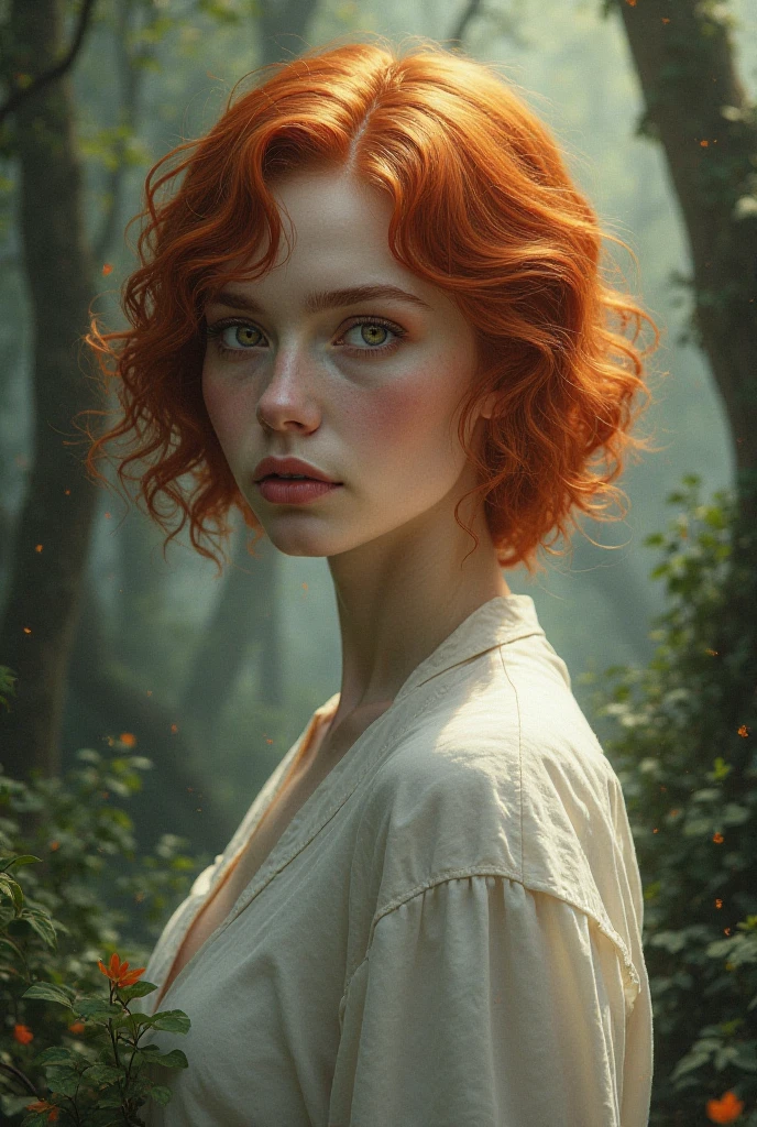 Short wavy redhead  looking forward serious amber eyes  , White blouse , fantasy forest