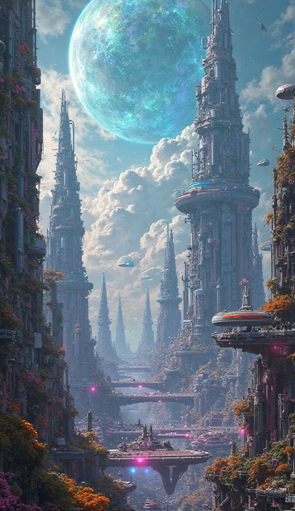 Futuristic alien city with impossible skies