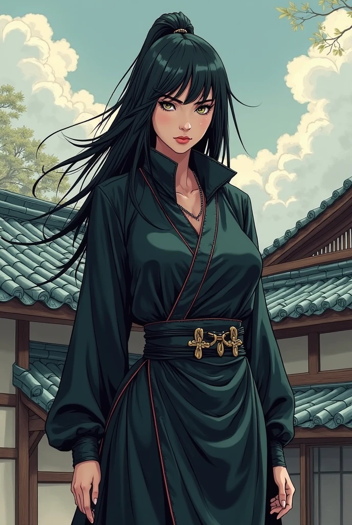 dans un style manga,femme ninja voluptueuse.juste ses yeux et ses seins sont apparents,la tenue traditionnelle du ninja est noire.elle est sur le toit d'une maison traditionnelle japonaise 