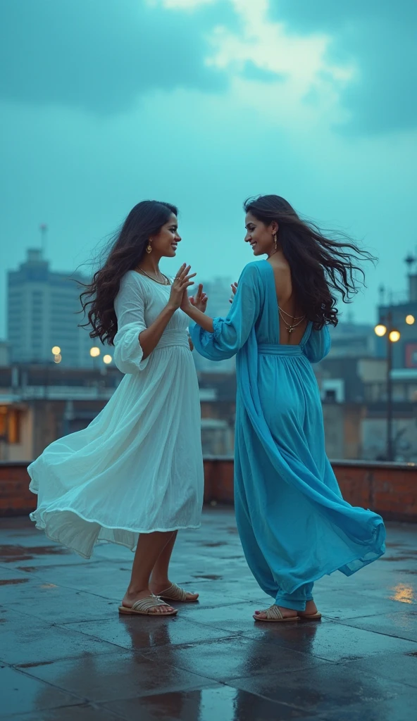 (impressionist masterpiece oil painting depicting closeup) of an alluring ravishing Indian lesbian couple in rain, passionately kissing on a wet street on a rainy day, wearing wet embroidered bralette and long skirt & heels, twirling skirt in rain, navel, wet long brown wavy hair with highlights, wet glistening skin, romantic, (reflections on street:1.1), raindrops on street (beautiful detailed eyes:1.1) , (passionate smiling expression:1.2) intense dramatic lighting, falling leaves and flowers bokeh, backlit, light rays, highly detailed, trending on artstation, paint splashes, rich colour, falling leaves & flowers all around,(perfect long wavy hairstyles), abstract portrait, by Atey Ghailan