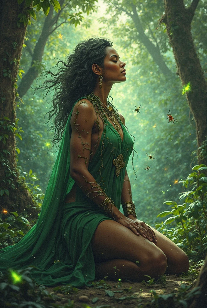 A female guardian of Guinea with green cape and roots on her arms kneels in a dense rainforest, While glowing insects circle around her.