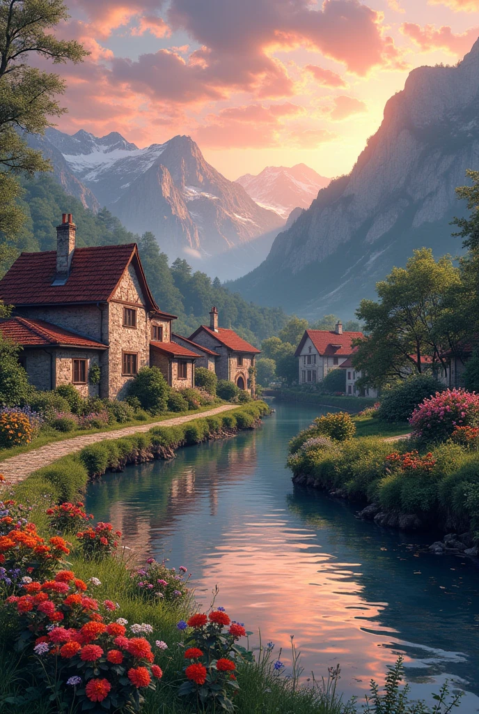 A small village by the river, mountains in the background, colorful flowers, detailed landscape style, beautiful natural scenery, atmospheric lighting,  scorching sunset ,  warm colors, practical, photographic, detailed foliage, complex buildings , cobblestone street, charming country house, vibrant colors, lush vegetation, reflections in the water, pitoresco, idyllic, work of art, Best Quality, 8k, extremely detailed, anime style