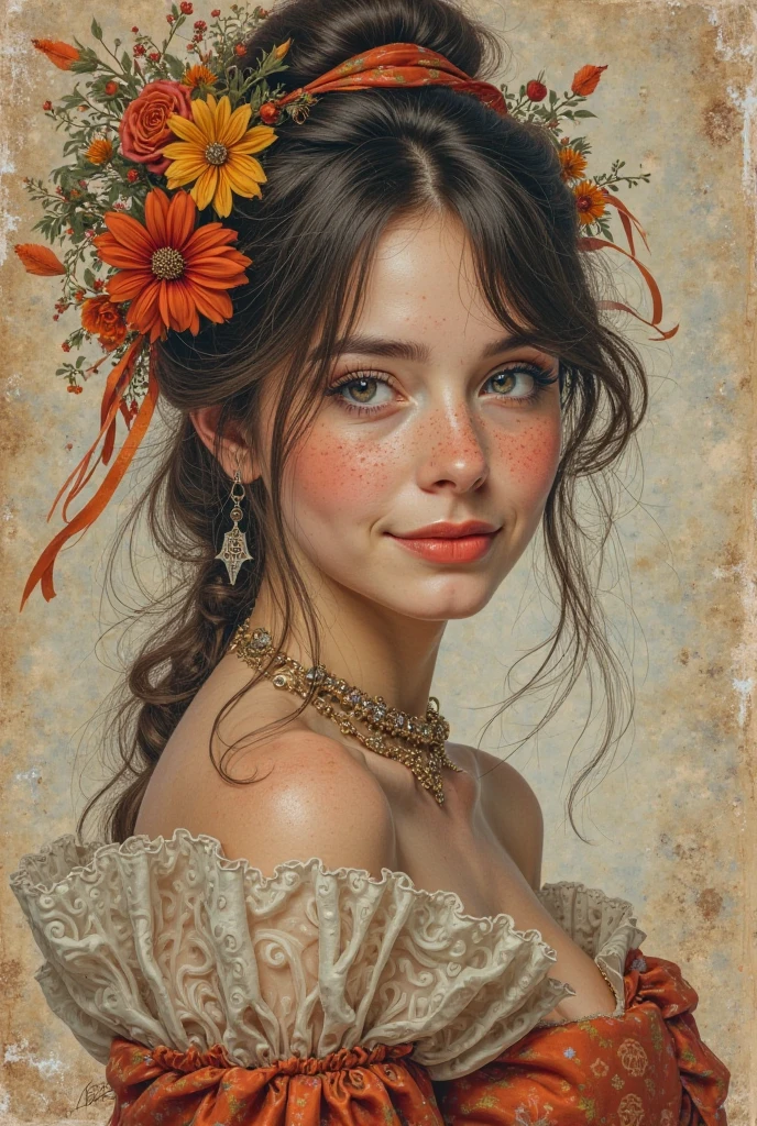  A beautiful smiling young woman with a detailed portrait,  realistic lithograph of Charlie Bowater , elegant long sleeve autumn dress , flores, gears, dieselpunk, Colorful ribbons,  Old paper texture , extremely detailed and high-quality face, beautiful detailed eyes, beautiful and detailed lips, long eyelashes, photorealistic, 8K, masterpiece, bright colors, studio lighting