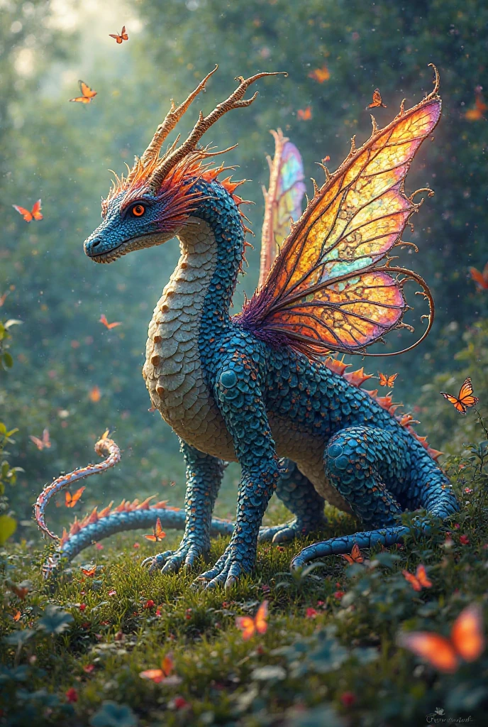 (whole body, detailed), ((Portrait of a dragon with blue butterfly wings:1.5)), photoRealistic, masterpiece: 1.2), (Highest quality, High resolution, 8K), (Realistic: 1.37), faint smoke, ultra detailed , Sharp focus, Bright Eyes, Scale and Texture, mysterious, Calm, Beautiful Landscape, Soft lighting, Vibrant colors, Rainbow and sunshine shining.16K, 超High resolution, Shining in rainbow colors、to be born,wonderful ,future、Iridescent、The world 30 years from now。