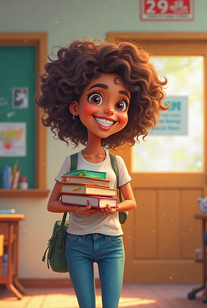 Create one of approximately 10 years, She must have curly hair with golden highlights, your skin should be brown and your eyes brown, who is of average height and has a cute appearance with a green bag and a notebook in hand
