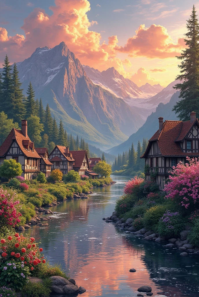 A small village by the river, mountains in the background, colorful flowers, detailed landscape style, beautiful natural scenery, atmospheric lighting,  scorching sunset ,  warm colors, practical, photographic, detailed foliage, complex buildings , cobblestone street, charming country house, vibrant colors, lush vegetation, reflections in the water, pitoresco, idyllic, work of art, Best Quality, 8k, extremely detailed, anime style
