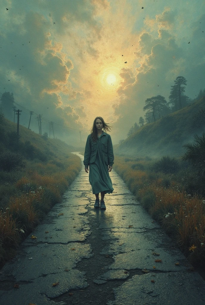 Create an image that contains a mix of all of this: melancholic ,happy, sad ,love ,disappointment, Enthuses, Feelings , Forgot, be different from others, Be unique, road trip