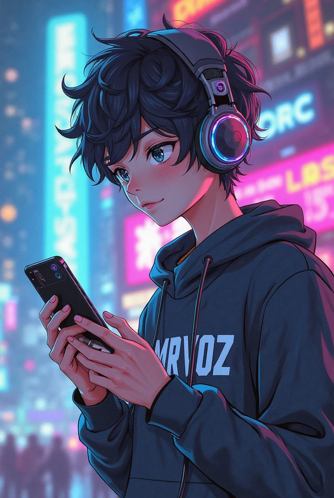 Anime boy with a cell phone in his hand playing with gamer headphones and whose shirt says MRVOZ.