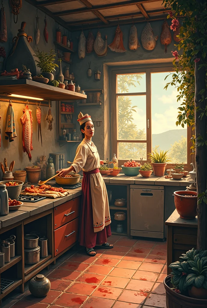 “Show a rustic, dimly lit, sleek and colorful kitchen, where the cook, dressed in traditional attire, is busy cooking. Beautiful fish are arranged on the kitchen counter. Outside, standing in the hustle and bustle of the field, is Tommy (the dog), an honest, strong and sweet cartoon style, who is attracted by the delicious smell of cooking.