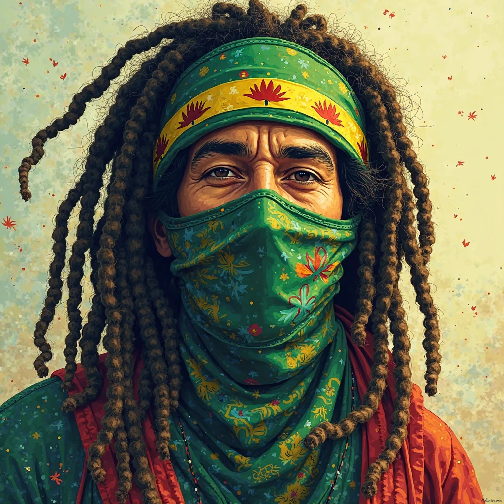 Bob Marley wearing ninja mask with reggae colors