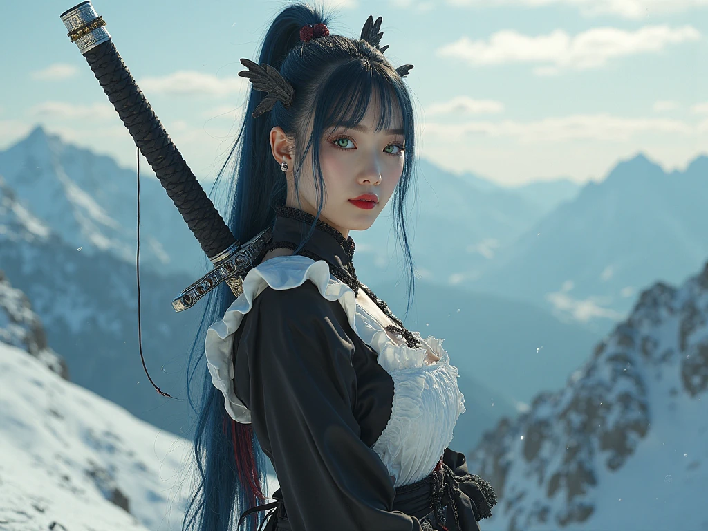 Wide photograph, full body photo, ultra detailed beautiful korea woman, maid uniform cosplay, BREAK she wearing a maid uniform with stockings BREAK ,stunningly beautiful, stylish dark hair with blue streaks, ponytail hair,((dragon:2.0)), green eyes, (red lips and make-up giving her a gothic look ), dark eyeshadow visible on her eyelids and eyeliner on her eyes, very long eyelashes, perfect body covered with tattoos , (dark make-up:1.3), big ,(large ,Big ),(her left hand holding a blood-stained scythe:1.3) , its blade gleaming with malevolent intent, ((her right hand holding a Katana samurai sword:1.3)), (( Katana samurai sword :1.0)),Twilight ,A woman in a with a giant dragon wrapped around her body\, Elf long ears, Gloss Lip, white dragon, (Masterpiece. Uhd.phototrealistic. Analog photography. 1950 style) (Standing on a snowy mountain peak with a large jet ski behind.), detailed face, beautiful detailed eyes, beautiful detailed lips, extremely detailed skin, extremely detailed dress, dramatic lighting, cinematic composition, vibrant colors, glowing earth, hyperrealistic, 8k, award winning, highly detailed, photorealistic, dramatic lighting, cinematic composition masterpiece, best quality:1.2),,(8k,highres,RAW photo,realistic,photo-realistic:1.3),(detailed skin texture,detailed cloth texture,beautiful detailed face:1.3),