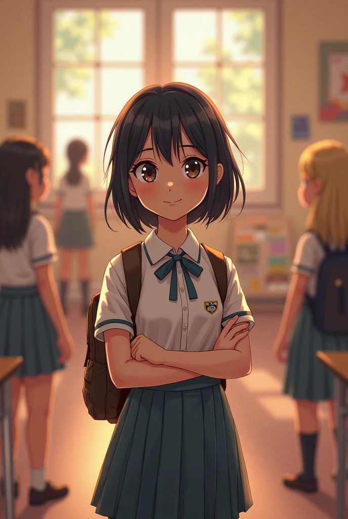 A girl who looks like me with black and brown hair, locks in front of a blonde, a young girl who starts in cm1.