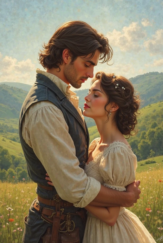 A handsome boy naps a pretty girl in colonial times 