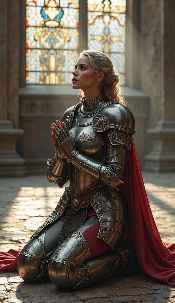 Beautiful female medieval knight kneeling praying