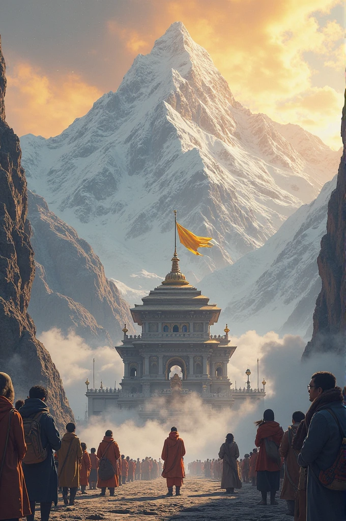 A majestic view of the ancient Kedarnath Temple nestled amidst the snow-covered peaks of the Himalayas. The temple stands strong and divine, made of grey stone, with intricate carvings on its facade. Behind it, the towering white mountains rise into a saffron-tinted sky, glowing with the light of dawn or dusk. A soft mist surrounds the base of the mountains, adding a mystical aura. Devotees with folded hands stand in reverence, while the temple’s golden flag flutters in the chilly breeze. The atmosphere is filled with spiritual energy, serenity, and divine presence."