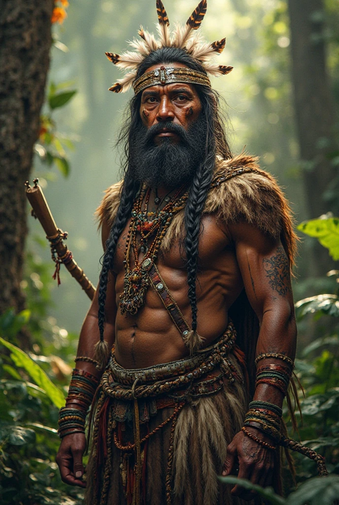 50 year old man, black hair and short beard and mustache with a few gray hairs. Tribal Chief of the Forest. He wears village chief clothes and a staff with feathers and a blue pearl.
