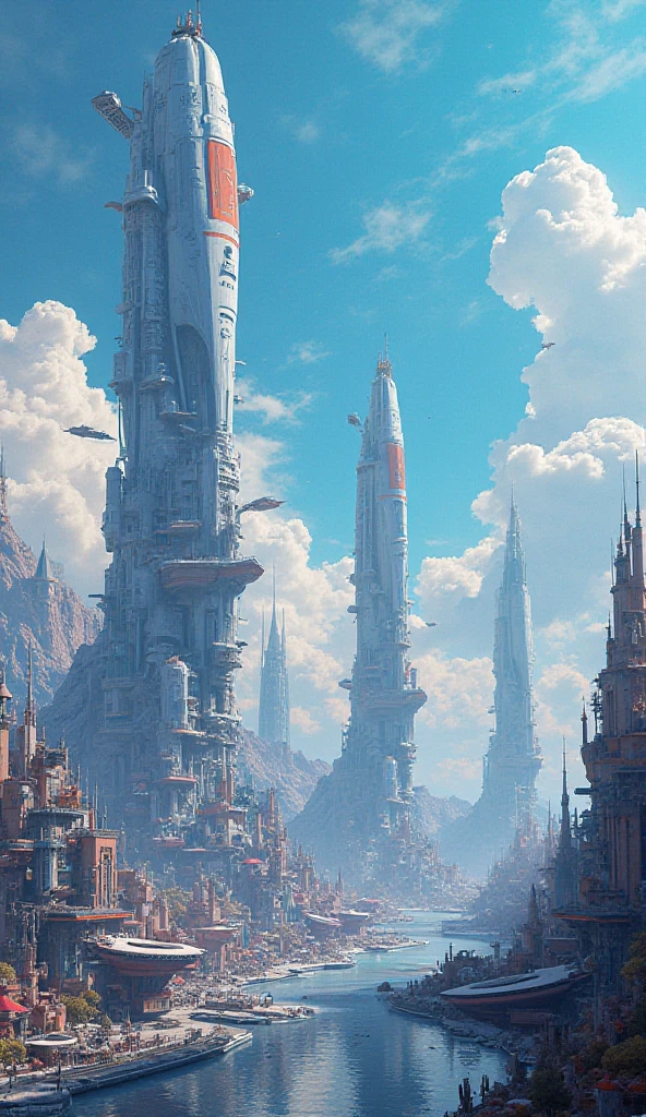 Futuristic city, buildings with unique shapes, with skies of different colors, extravagant, harmonious and peaceful, High resolution and unusual nature 