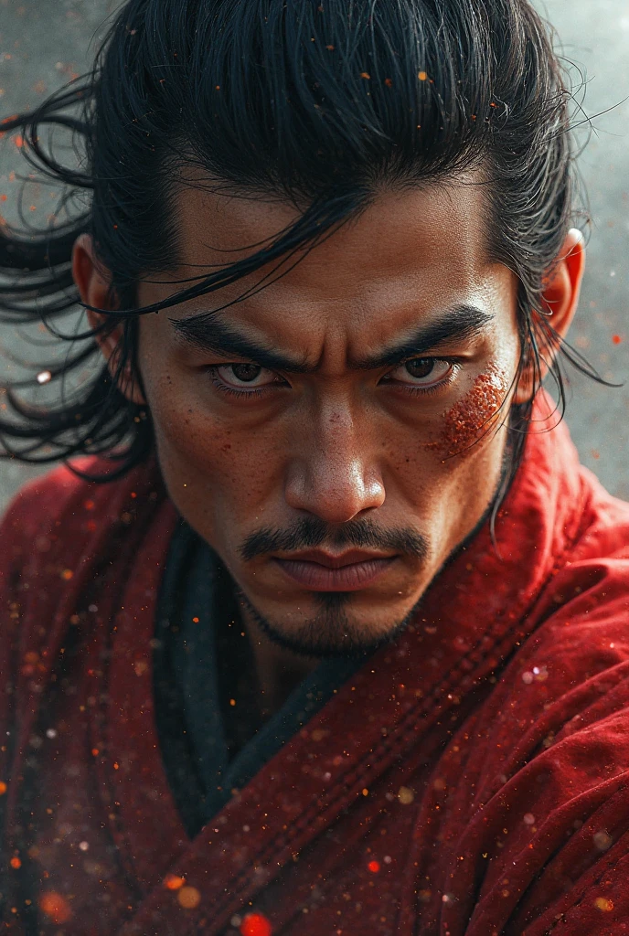 Jet li no papel de Yusuke urameshe, detailed portrait of an asian man, intense gaze, determined expression, martial arts pose, hyperrealistic, 8K, HDR, cinematic lighting, dramatic shadows, moody atmosphere, dark fantasy, digital art, concept art, hyper detailed, intricate background, vibrant colors, dramatic lighting